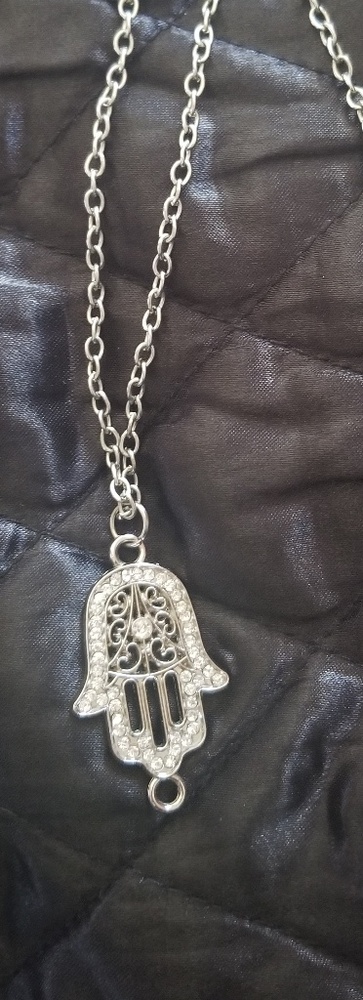 Long silver mystic hand necklace